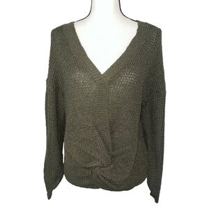 Ever B Green Sage Knit Fall V Neck Lightweight Knotted Sweater NWOT
